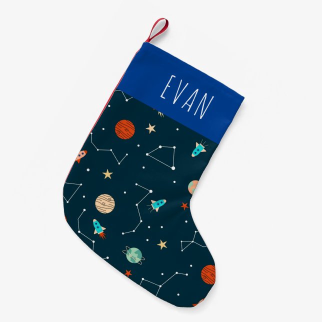 Cool Boy Outer Space Pattern With Name Kids Small Christmas Stocking (Front (Hanging))