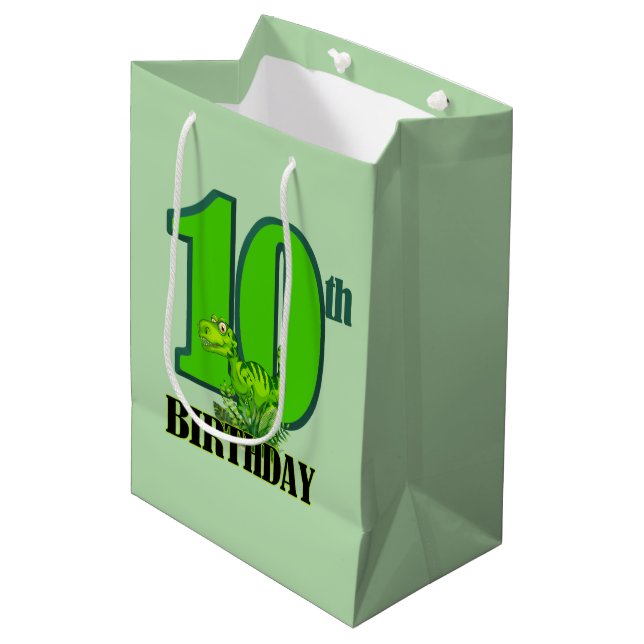 Cool boys dinosaur party 10th medium gift bag (Front Angled)