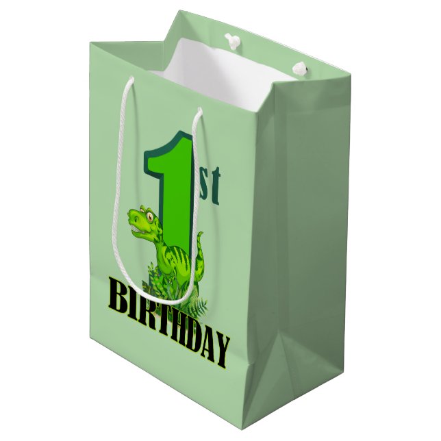 Cool boys dinosaur party baby's first medium gift bag (Front Angled)