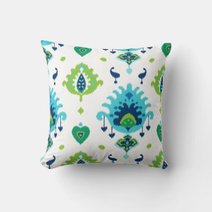 Cool bright blue and green tribal ikat print cushion