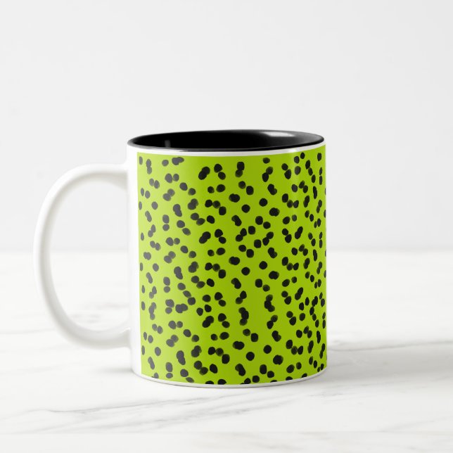 Cool Bright Green Dalmatian Black Spots Painted Two-Tone Coffee Mug (Left)