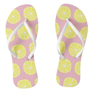 Cool Bright Yellow Citrus Lemon Slice Pattern Pink Thongs