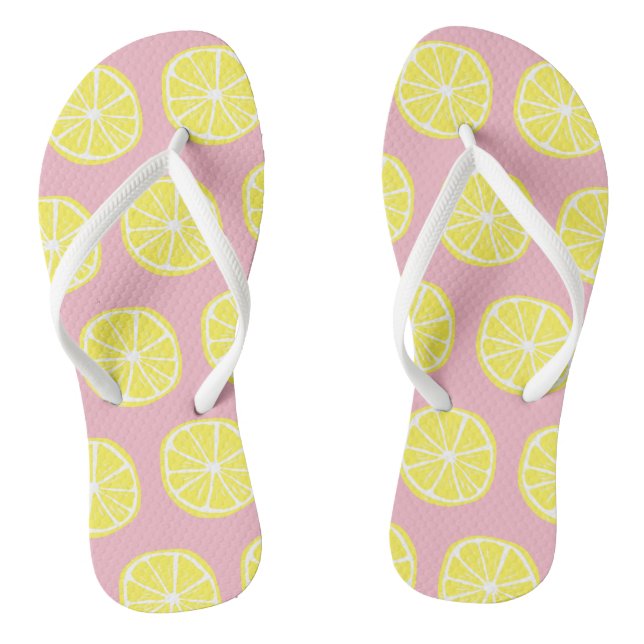 Cool Bright Yellow Citrus Lemon Slice Pattern Pink Thongs (Footbed)