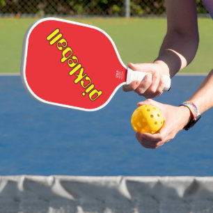 Cool Bright Yellow Diagonal Text On Sporty Red Pickleball Paddle