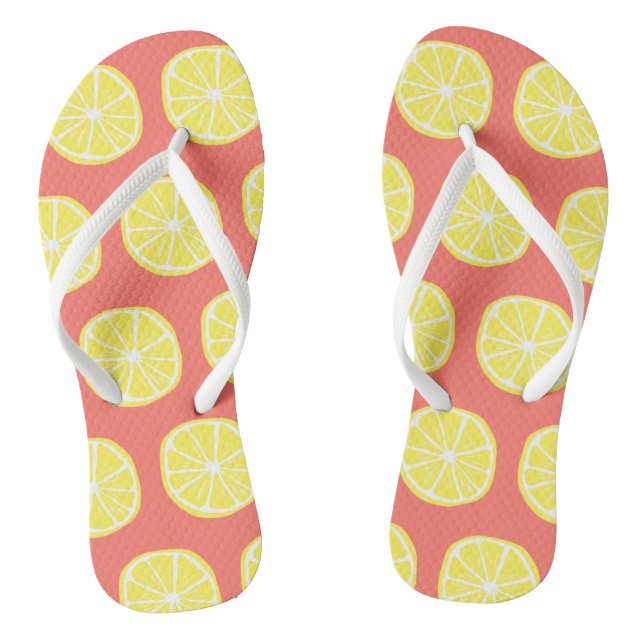 Cool Bright Yellow Lemon Slice Pattern on Coral Thongs (Footbed)