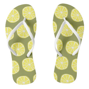 Cool Bright Yellow Lemon Slice Pattern on Green Thongs