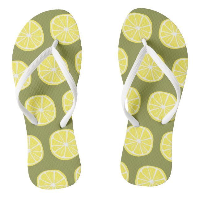 Cool Bright Yellow Lemon Slice Pattern on Green Thongs (Footbed)