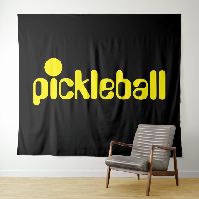 Cool Bright Yellow Pickleball Text On Bold Black Tapestry (In Situ (Horizontal))