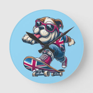 Cool British Bulldog on Skateboard Round Clock