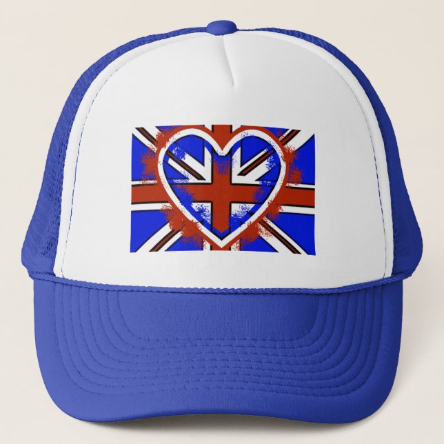 Cool British Flag Heart Design Trucker Hat (Front)