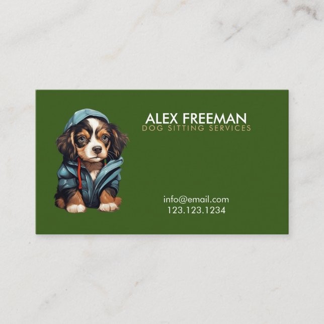 Cool Brown and Green Puppy Dog Sitting Business Card (Front)