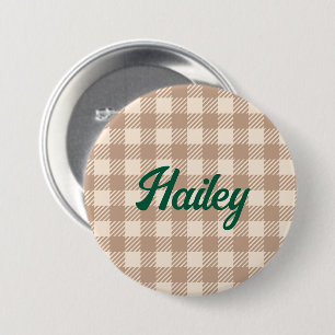 Cool brown beige gingham preppy plaid checked 7.5 cm round badge