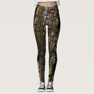 Cool Brown mossy wood bark with yellow lichen Leggings
