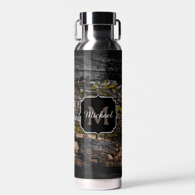 Cool Brown mossy wood bark yellow lichen Monogram  Water Bottle (Front)