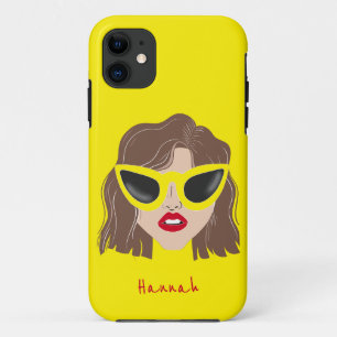 Cool Brunette with Glasses Yellow Custom Name iPhone 11 Case