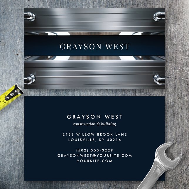 Cool Brushed Metal And Navy Modern Construction Business Card (Creator Uploaded)
