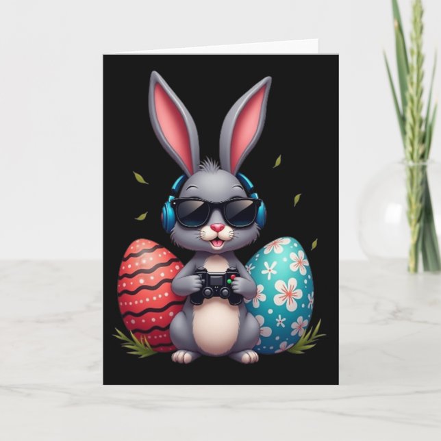 Cool Bunny With Sungl And Video Games Decor Easter Card (Front)