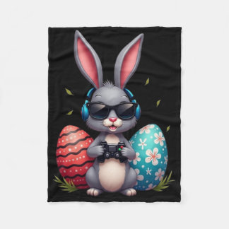Cool Bunny With Sungl And Video Games Decor Easter Fleece Blanket