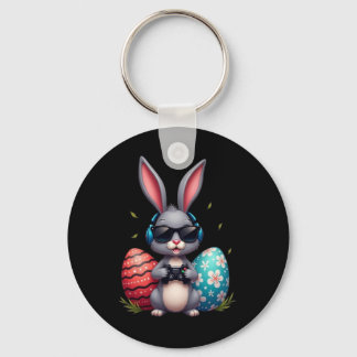 Cool Bunny With Sungl And Video Games Decor Easter Key Ring