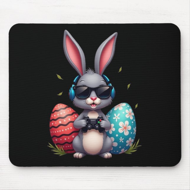 Cool Bunny With Sungl And Video Games Decor Easter Mouse Pad (Front)