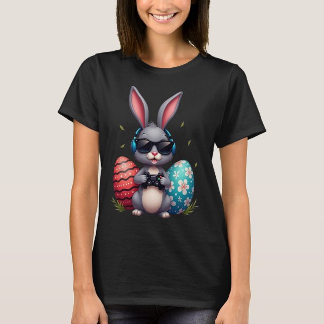 Cool Bunny With Sungl And Video Games Decor Easter T-Shirt (Front)