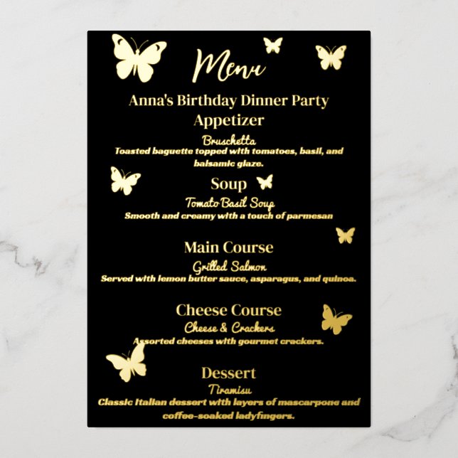 Cool Butterfly-Themed Birthday Dinner Party Menu (Front)