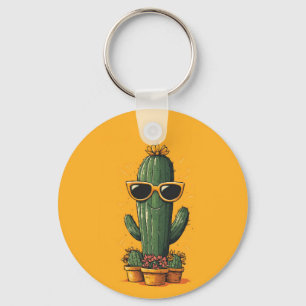 Cool Cactus with Sunglasses and Flowers Key Ring