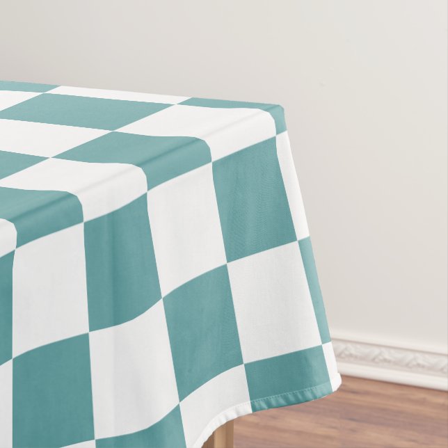 Cool Cadet Blue White Retro Chic Chequered Pattern Tablecloth (In Situ)