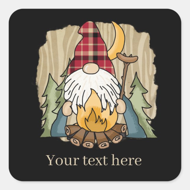 cool camping gnome add text square sticker (Front)