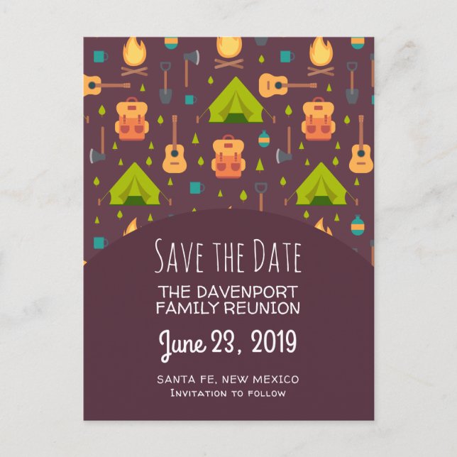 Cool Camping Outdoorsy Pattern Save the Date Postcard (Front)
