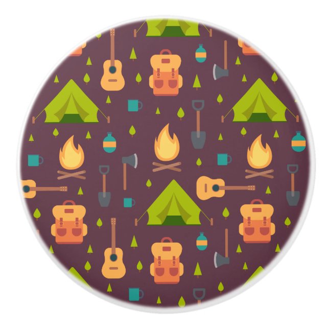 Cool Camping Pattern Outdoorsy Design Ceramic Knob (Front)