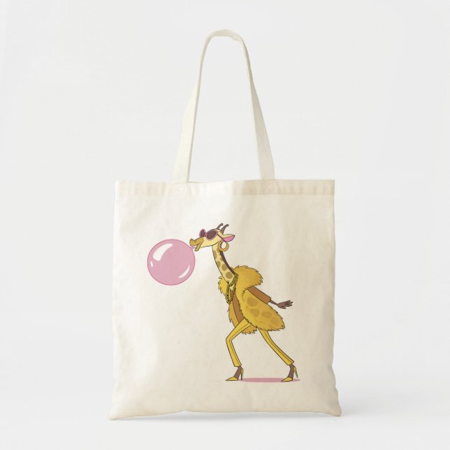 Cool Cartoon Giraffe in Fur Coat with Bubblegum Tote Bag (Front)