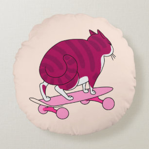 Cool Cartoon Style Cat With Pink Text Round Cushion