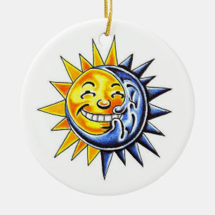 Cool cartoon tattoo symbol happy sun moon face ceramic ornament