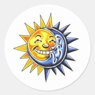 Cool cartoon tattoo symbol happy sun moon face classic round sticker