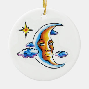 Cool cartoon tattoo symbol Moon face star clouds Ceramic Tree Decoration