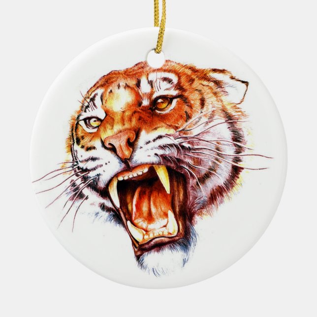 Cool cartoon tattoo symbol roaring tiger head ceramic ornament (Front)