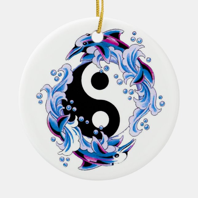 Cool cartoon tattoo symbol Yin Yang Dolphins Ceramic Tree Decoration (Front)