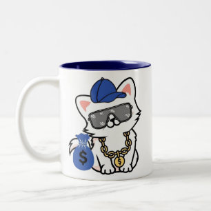 Cool Cash Cat Cartoon Two-Tone Coffee Mug