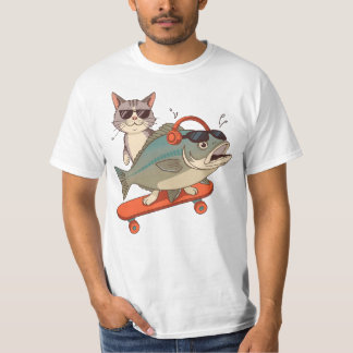 Cool Cat and Carp on Skateboard – Sunglasses & Hea T-Shirt
