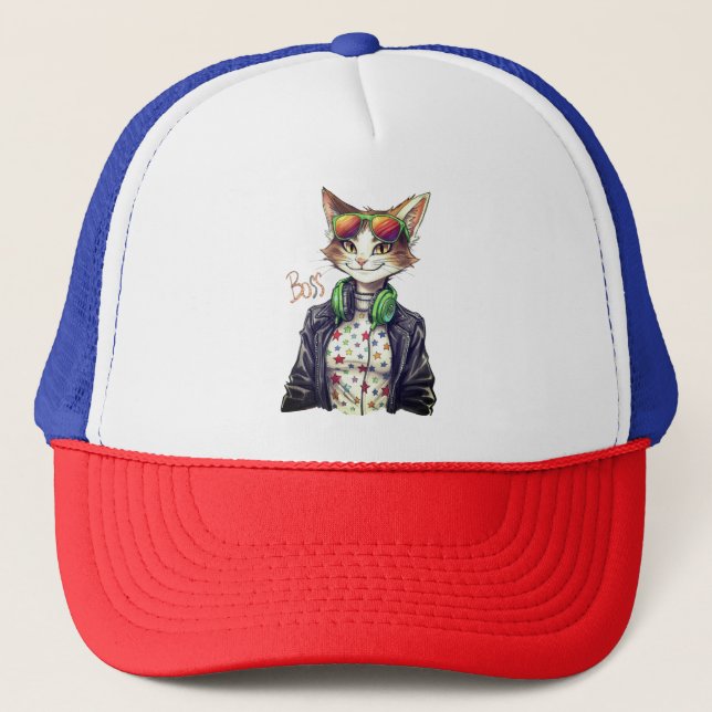 Cool Cat Boss – Funny Cat Lover Gift Idea Trucker Hat (Front)