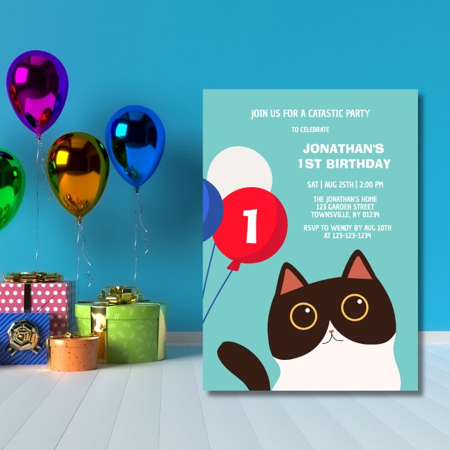 Cool Cat Catastic Party Balloon Kids Birthday Invitation (Creator Uploaded)