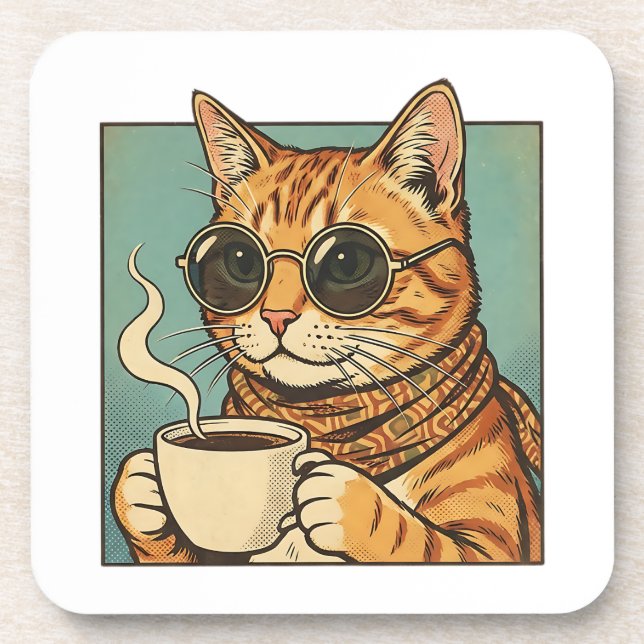 Cool Cat Coffee Retro Style Design for Cat Lovers Coaster (Front)