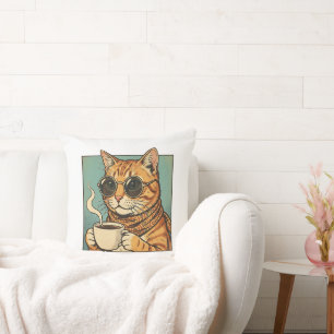 Cool Cat Coffee Retro Style Design for Cat Lovers Cushion