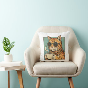 Cool Cat Coffee Retro Style Design for Cat Lovers Cushion