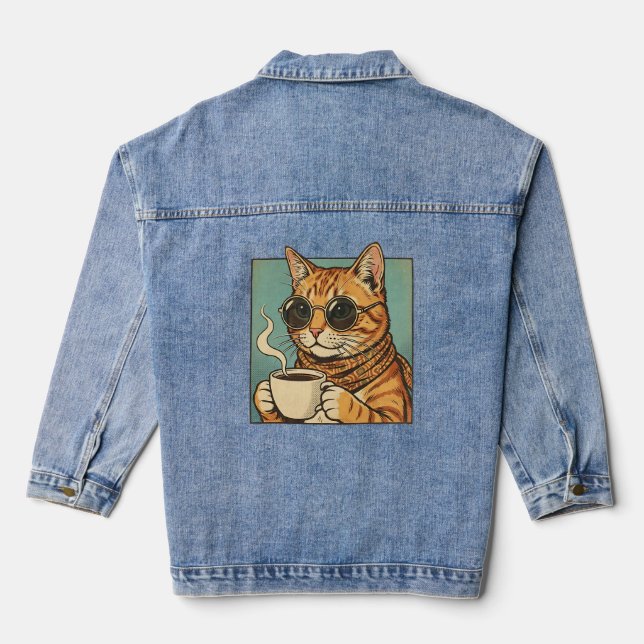 Cool Cat Coffee Retro Style Design for Cat Lovers Denim Jacket (Back)