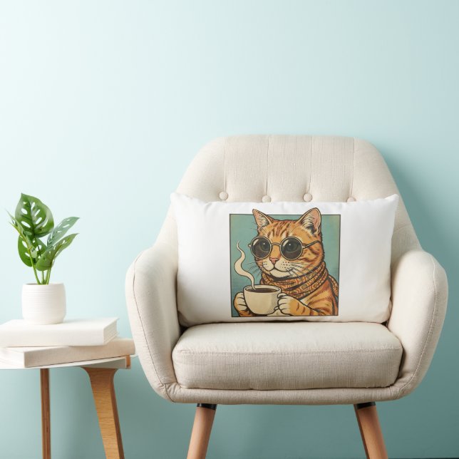 Cool Cat Coffee Retro Style Design for Cat Lovers Lumbar Cushion (Chair)