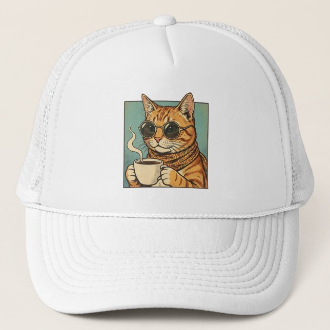 Cool Cat Coffee Retro Style Design for Cat Lovers Trucker Hat (Front)