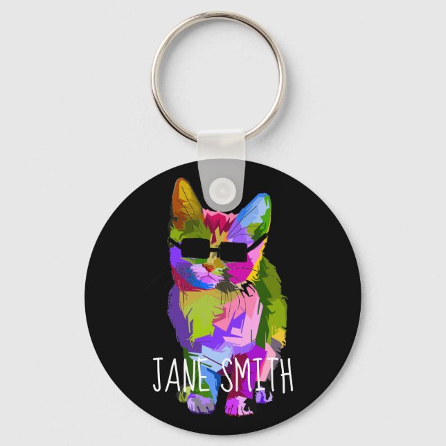 Cool Cat cute pop art cat with sunglasses name Key Ring (Front)
