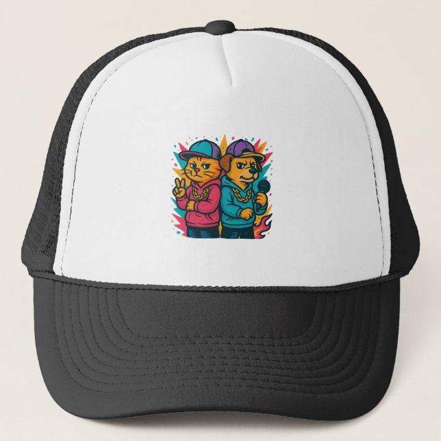 Cool Cat & Dog Rap Duo Trucker Hat (Front)